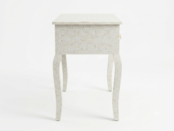 Handcrafted White Bone Inlay Floral 3 Drawer Console Table