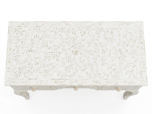Handcrafted White Bone Inlay Floral 3 Drawer Console Table