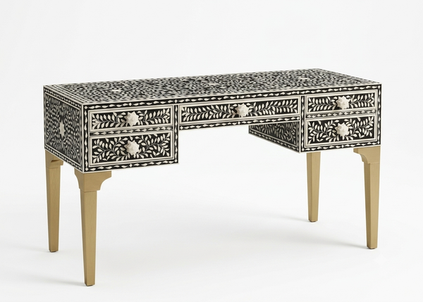 Handcrafted Black Bone Inlay 5 Drawer Work Desk – Floral Writing & Office Desk