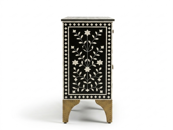 Handcrafted Black Bone Inlay 3 Drawer 4 Door Buffet Cabinet – Floral Sideboard