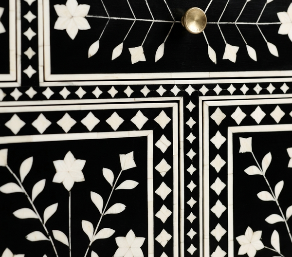 Handcrafted Black Bone Inlay 3 Drawer 4 Door Buffet Cabinet – Floral Sideboard