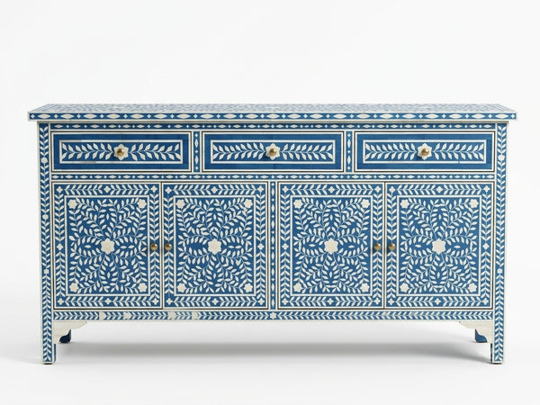 Handcrafted Blue Bone Inlay 4 Drawer 4 Door Buffet Cabinet – Floral Sideboard