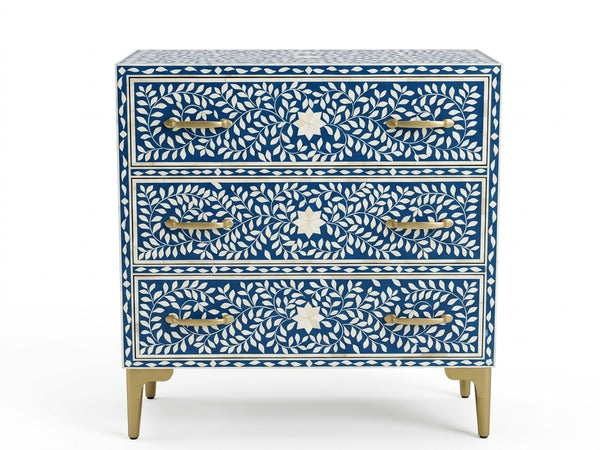 Handcrafted Bone Inlay 3 Drawer Chest – Blue & White Floral Design