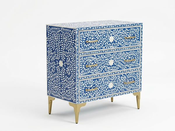 Handcrafted Bone Inlay 3 Drawer Chest – Blue & White Floral Design