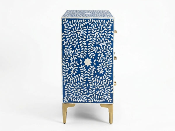 Handcrafted Bone Inlay 3 Drawer Chest – Blue & White Floral Design