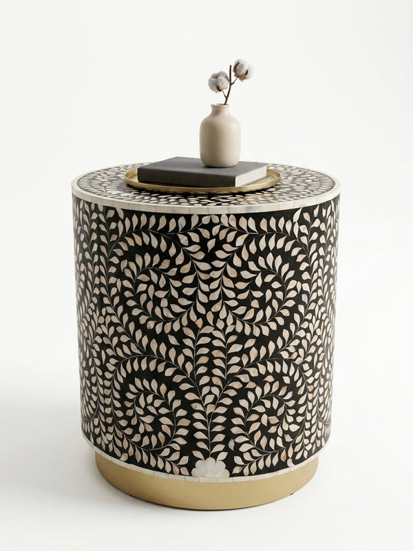 Mother of Pearl Inlay Round Side Table – Black & White Floral End Table