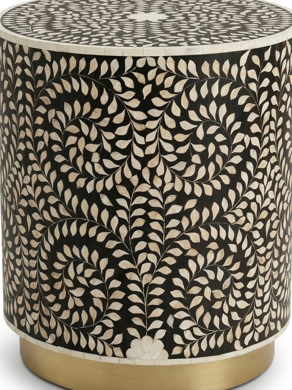 Mother of Pearl Inlay Round Side Table – Black & White Floral End Table