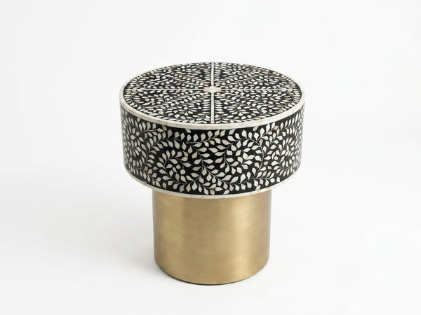 Handcrafted Black Mother of Pearl Inlay Round Side Table with Brass Base – Floral Design