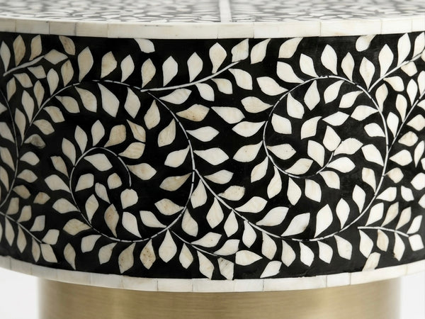 Handcrafted Black Mother of Pearl Inlay Round Side Table with Brass Base – Floral Design