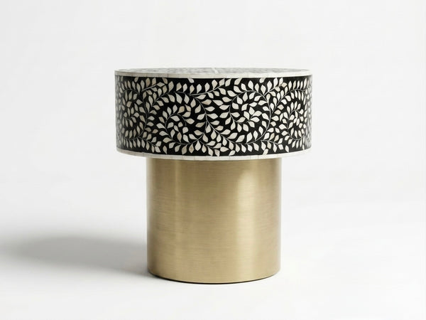 Handcrafted Black Mother of Pearl Inlay Round Side Table with Brass Base – Floral Design