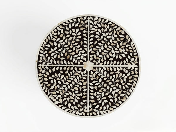 Handcrafted Black Mother of Pearl Inlay Round Side Table with Brass Base – Floral Design
