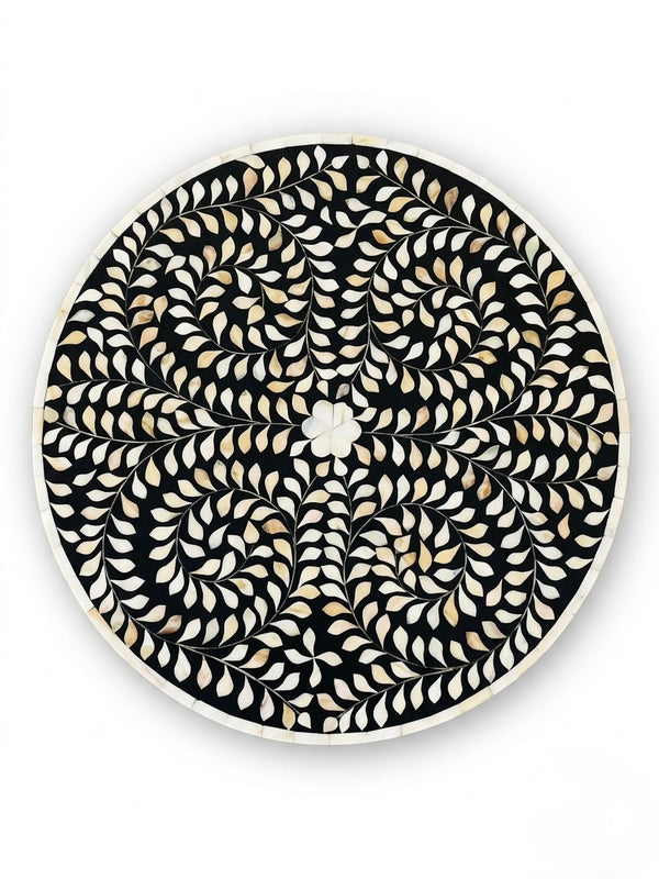 Mother of Pearl Inlay Round Side Table – Black & White Floral End Table