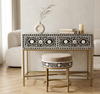 Handcrafted black and white floral bone inlay 2 drawer console table with matching round upholstered stool