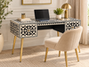 Black and white handcrafted bone inlay 2 drawer work desk with geometric pattern, brass-tone knobs and golden legs in luxury home office