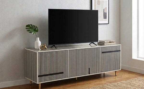 Handmade black and white bone inlay 3 door TV unit media cabinet with metal legs