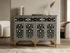 Handcrafted black and white bone inlay 3 drawer 4 door buffet cabinet with floral pattern and brass-tone legs
