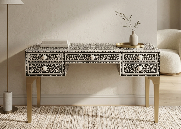 Handcrafted black and white bone inlay 5 drawer work desk with floral pattern and spacious center seating area