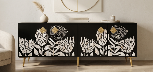 Handcrafted black Mother of Pearl inlay 4 door TV unit media cabinet with floral design