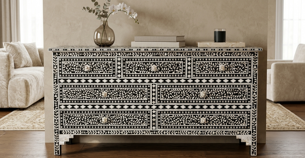 Black Mother of Pearl inlay 7 drawer chest of drawers with handcrafted floral design