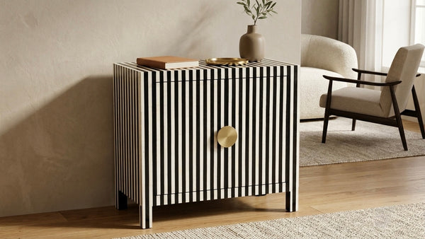Black and white bone inlay 2 door storage cabinet with handcrafted vertical striped design