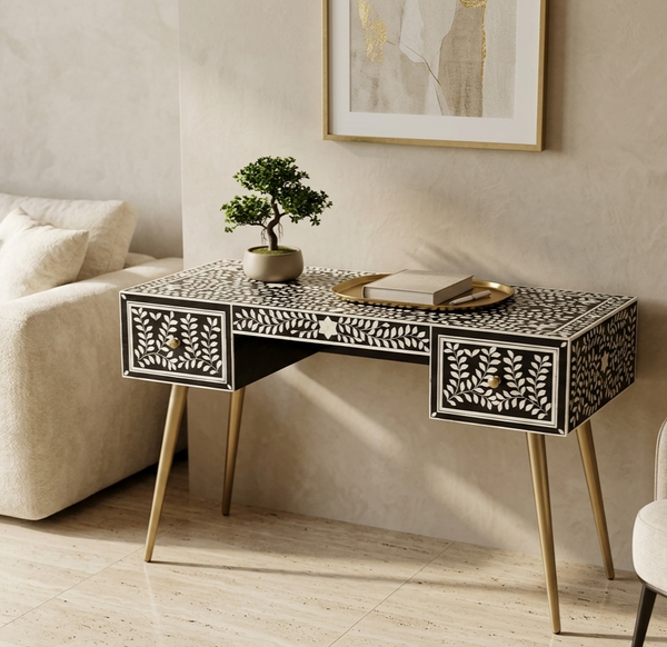 Black and white Bone Inlay 2 Drawer Work Desk with floral design and metal legs