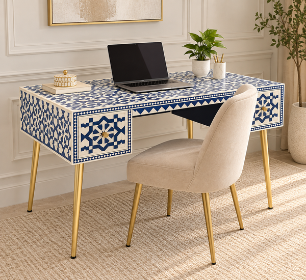 Handcrafted blue and white bone inlay 2 drawer work desk with geometric pattern, golden tapered legs and brass-tone knobs in a luxury home office