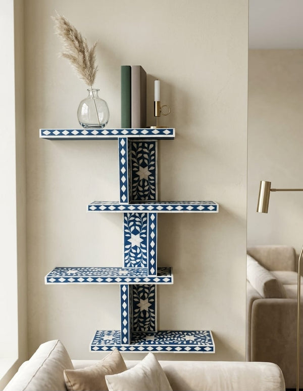 Handcrafted blue and white floral bone inlay multi-level wall shelf for decorative display
