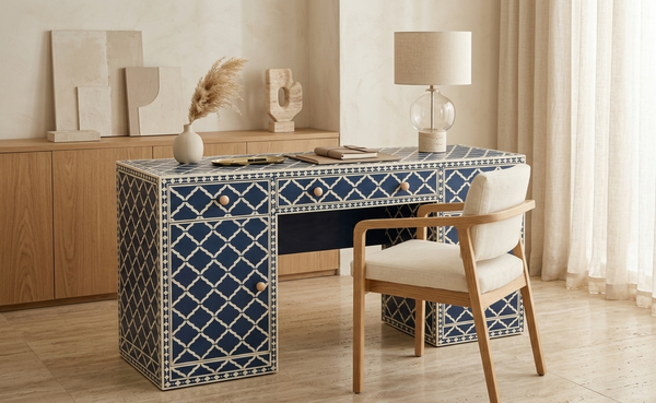 Blue and white Bone Inlay work desk with 3 drawers and 2 doors