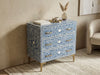 Handcrafted blue and white bone inlay 3 drawer chest with floral pattern, brass-tone handles and raised legs