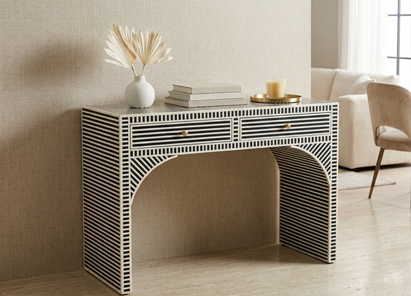 Black and white bone inlay 2 drawer console table with striped geometric design