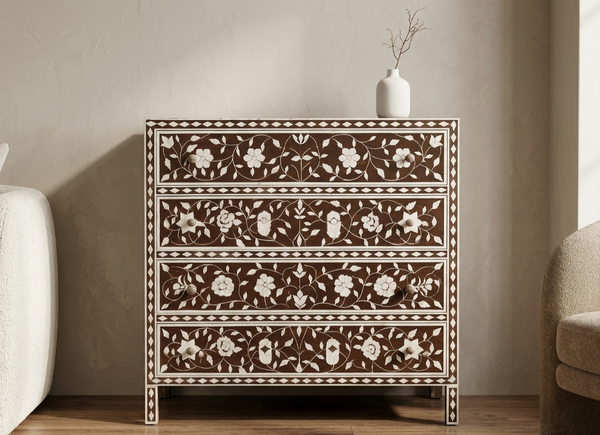 Brown Bone Inlay 4 Drawer Chest with handcrafted white floral pattern