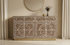 Handcrafted brown Mother of Pearl inlay buffet cabinet with 2 drawers 4 doors and brass stand