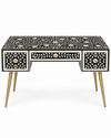 Handcrafted Black & White Bone Inlay Work Desk with 3 Drawers, Floral Design & Gold Legs – Luxury Home Office Writing Table