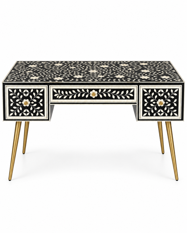 Handcrafted Black & White Bone Inlay Work Desk with 3 Drawers, Floral Design & Gold Legs – Luxury Home Office Writing Table