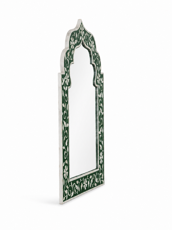 Handcrafted Green & White Bone Inlay Mehrab Wall Mirror Frame