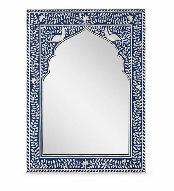 Handcrafted Blue & White Bone Inlay Mehrab Wall Mirror Frame