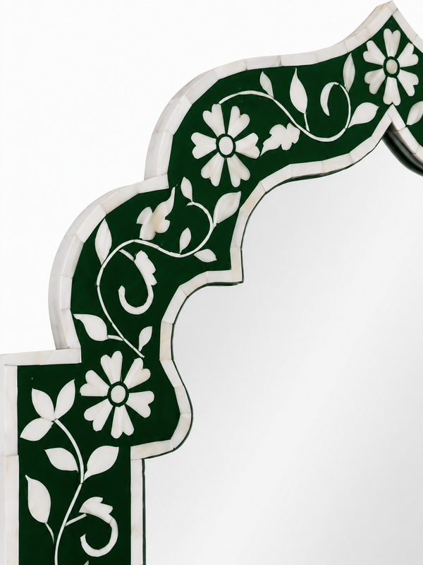 Handcrafted Green & White Bone Inlay Mehrab Wall Mirror Frame