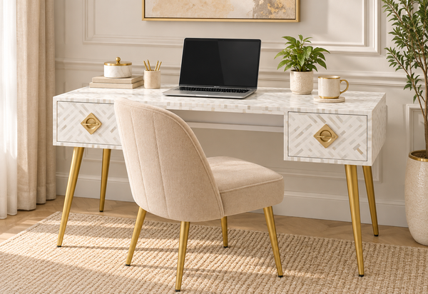 White Bone Inlay 2 Drawer Work Desk with Gold Legs
