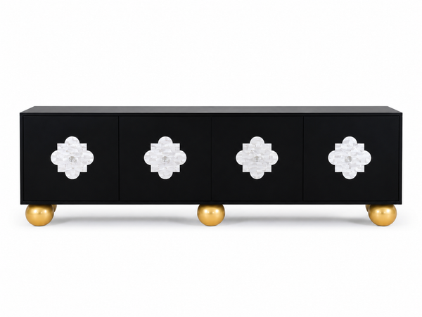 Handcrafted Black Mother of Pearl Inlay 4 Door TV Unit Media Cabinet