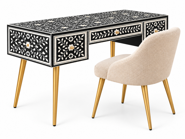 Handcrafted Black & White Bone Inlay Work Desk with 3 Drawers, Floral Design & Gold Legs – Luxury Home Office Writing Table