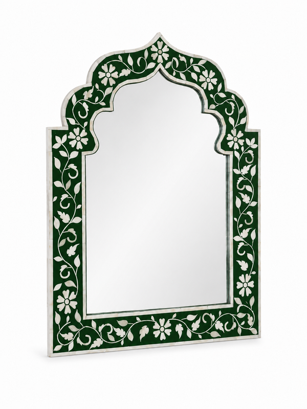 Handcrafted Green & White Bone Inlay Mehrab Wall Mirror Frame