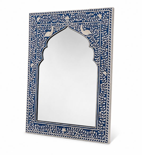 Handcrafted Blue & White Bone Inlay Mehrab Wall Mirror Frame