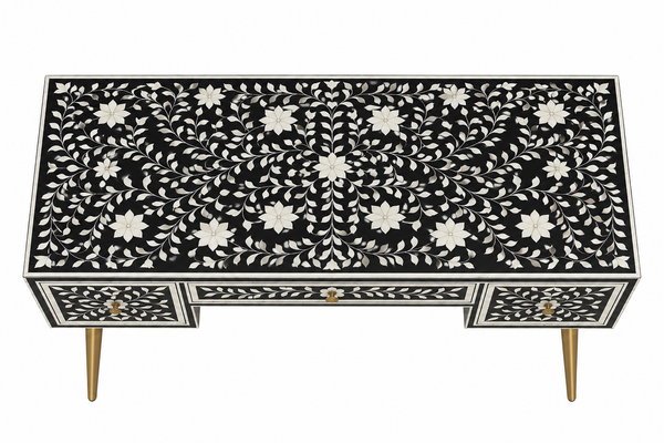 Handcrafted Black & White Bone Inlay Work Desk with 3 Drawers, Floral Design & Gold Legs – Luxury Home Office Writing Table