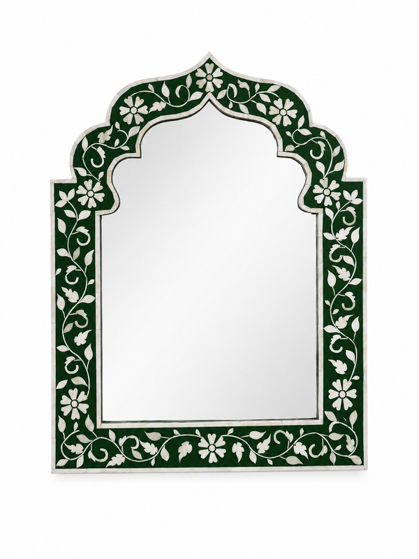 Handcrafted Green & White Bone Inlay Mehrab Wall Mirror Frame