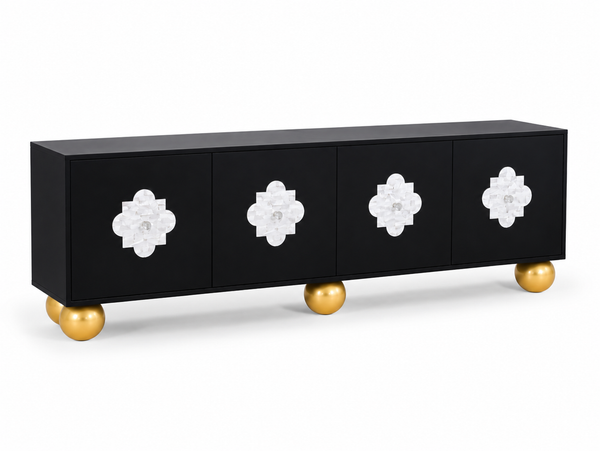 Handcrafted Black Mother of Pearl Inlay 4 Door TV Unit Media Cabinet