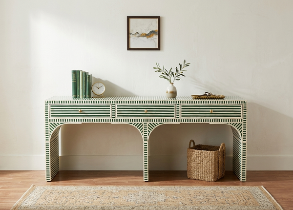 Handcrafted green and white bone inlay 3 drawer console table with striped pattern and arched base