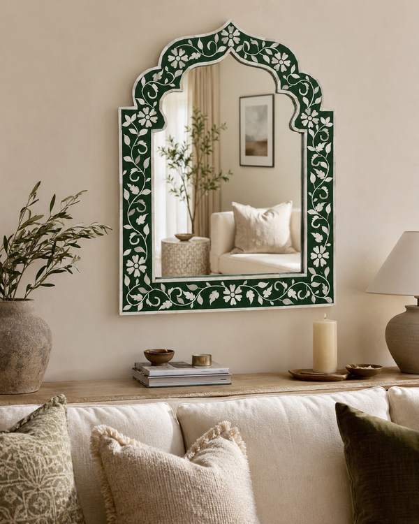 Green and white bone inlay Mehrab wall mirror frame with handcrafted floral design