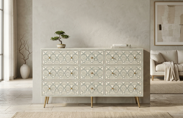 Grey and white bone inlay 9 drawer chest with brass knobs and brass-finish legs