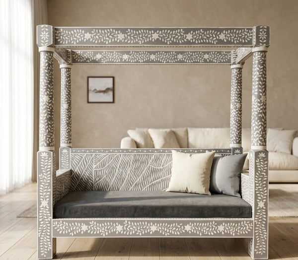 Handcrafted grey and white floral bone inlay four-post canopy daybed with upholstered seating