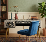 Handcrafted Black Bone Inlay Work Desk with 3 Drawers, Floral Design & Gold Legs – Luxury Wooden Writing Desk for Home Office